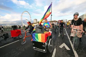 Flags: Cyclists in the Ride with Pride bicycle ride for London Pride