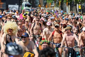 Cyclists in the World Naked Bike Ride 2013 in London