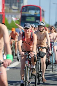 Cyclists in the World Naked Bike Ride 2013 in London