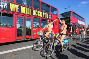 Cyclists in the World Naked Bike Ride 2013 in London
