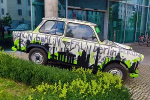 Souvenir: Decorated Trabant motor car in Berlin, Germany