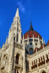 Dome and spires of the Hungarian Parliament Building, the Orszaghaz, in Budapest, Hungary