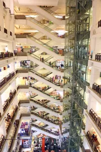 Escalators at the Barjaya Times Square city centre shopping mall in Kuala Lumpur, Malaysia