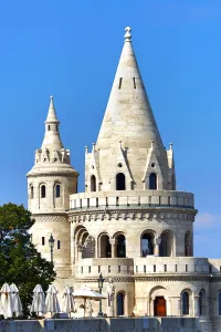 Architecture: The Fishermans Bastion or Halaszbastya in Budapest, Hungary