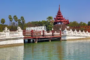Mandalay, Myanmar: Gate and bridge over the moat of the Mandalay Palace, Mandalay, Myanmar (Burma)