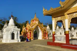 Mandalay, Myanmar: Gate and temple at Kuthodaw Pagoda, Mandalay, Myanmar (Burma)