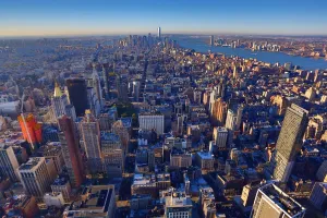 States: General aerial view of the New York downtown Manhattan city skyline, New York. America