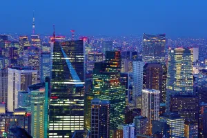 Night: General city skyline evening view with skyscrapers in Tokyo, Japan