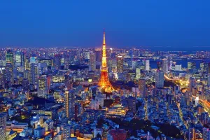Night: General city skyline evening view with the Tokyo Tower in Tokyo, Japan