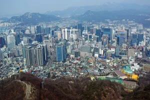 Seoul, Korea: General city skyline view of the buildings of Myeongdong in Seoul, Korea