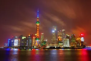 Shanghai: General view of the Pudong city skyline in Shanghai at night with the Oriental Pearl TV Tower
