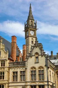 Architecture: Ghent clock tower and traditional buildings, Ghent, Belgium
