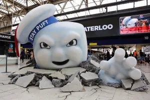 Ghostbusters Promotion: Ghostbusters Stay Puft Marshmallow Man film promotion in Waterloo Station, London