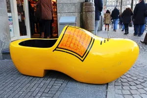 Netherlands: Giant wooden souvenir clog outside a souvenirs shop for clogs in Amsterdam, Holland