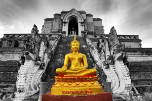 Golden: Gold Buddha statue at the Wat Chedi Luang temple, Chiang Mai, Thailand