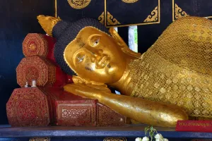 Golden: Gold reclining Buddha statue at Wat Chedi Luang Temple in Chiang Mai, Thailand