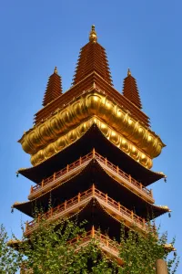 Religious: Gold tower on the Jing an Buddhist Temple on West Nanjing Road, Shanghai, China