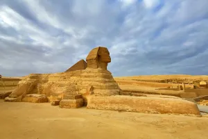 Heritage: The Great Sphinx statue and the Pyramid of Khafre on the Giza Plateau, Cairo, Egypt