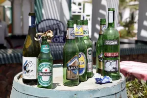 Stock Geography: Empty green bottles