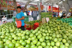 Stalls: Green grapefruit or pummelos on sale in a street market in Chinatown in Singapore