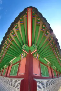 Seoul, Korea: Green wooden roof at Gyeongbokgung Palace in Seoul, Korea
