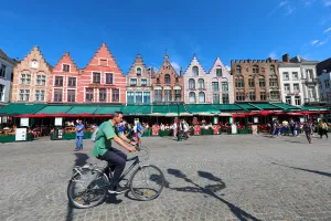 Belgium: Guild houses converted into restaurants in the Market Square or Markt, Bruges, Belgium