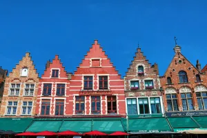 Guild houses converted into restaurants in the Market Square or Markt, Bruges, Belgium