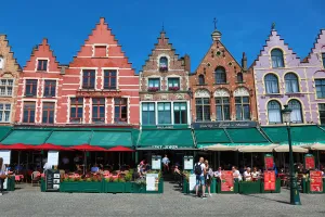 Guild houses converted into restaurants in the Market Square or Markt, Bruges, Belgium