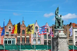 Guild houses converted into restaurants in the Market Square or Markt, Bruges, Belgium