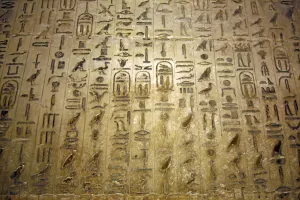 Hieroglyphics on the wall in an underground tomb in the Saqqara Necropolis near Memphis