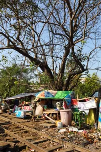 Rangoon: Houses beside the railway tracks, Yangon, Myanmar