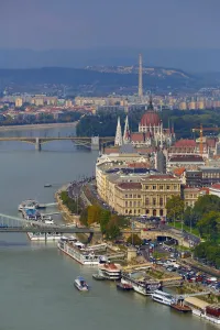 The Hungarian Parliament Building, the Orszaghaz, and the River Danube in Budapest