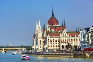 The Hungarian Parliament Building, the Orszaghaz, and the River Danube in Budapest