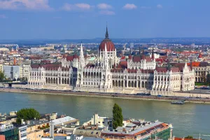 The Hungarian Parliament Building, the Orszaghaz, and the River Danube in Budapest