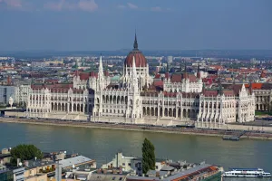 The Hungarian Parliament Building, the Orszaghaz, and the River Danube in Budapest