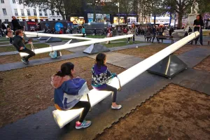 Impulse, a sea of singing seesaws installation, Leicester Square, London