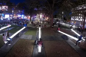 Impulse, a sea of singing seesaws installation, Leicester Square, London