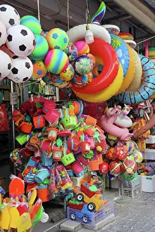 Tourism: Inflatable rings, balls and beach toys at a shop on Koh Samet island, Thailand