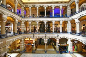 Center: Interior of the Magna Plaza shopping centre and mall in Amsterdam, Holland