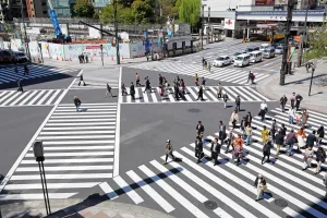 Crowd: Japanese street scene showing crowds of people crossing the street on a pedestrian crossing in Ginza