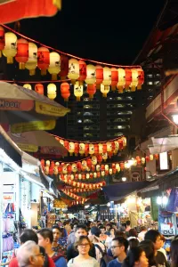Illuminations: Lanterns above a street market in Chinatown for Autumn Festival in Singapore