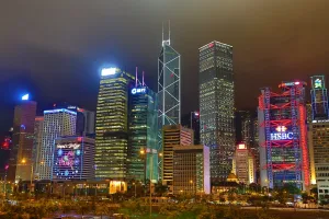 Tall: Lights of the city skyline of the Central area of Hong Kong at night in Hong Kong, China