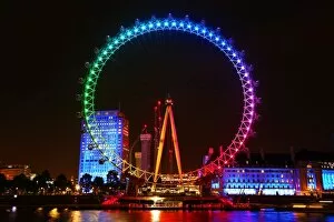 London Eye illuminated in Rainbow colours to promote the film Trolls in London