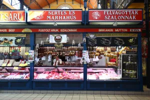 Meat stall in the Central Market Hall in Budapest, Hungary