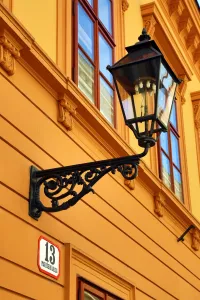 Zagreb: Metal street lamp on a building in Matoseva Ulica in Zagreb, Croatia