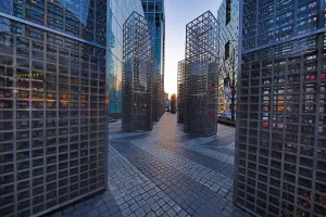 Modern: Metal structures beside the office blocks at dusk in the Gangnam district, Seoul, Korea