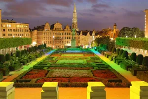 Mont des Arts Gardens and Tower of the Town Hall, Brussels, Belgium