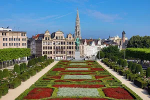 Mont des Arts Gardens and Tower of the Town Hall, Brussels, Belgium