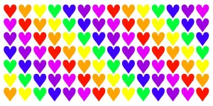 Coloured: Multi-coloured love heart mug covered in diagonal lines of rainbow hearts