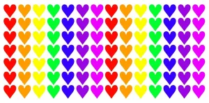 Coloured: Multi-coloured love heart mug covered in lines of rainbow hearts